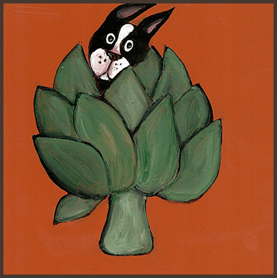 Painting by Lizzie of a dog popping out of an artichoke.