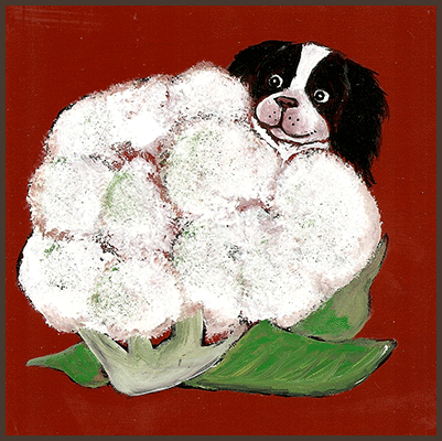 Painting by Lizzie of a dog peeking from behind a head of cauliflower.