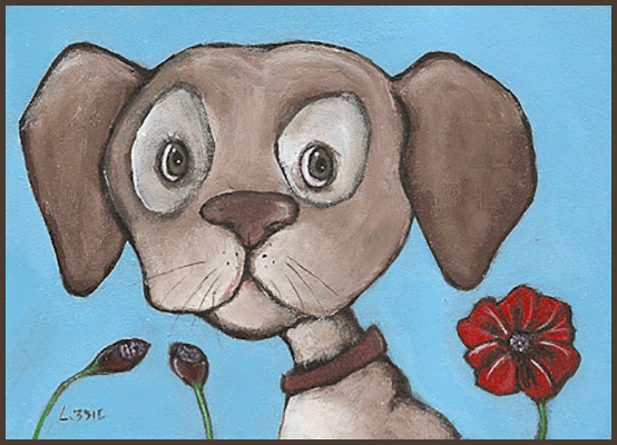 Painting by Lizzie of a dog with red flowers.