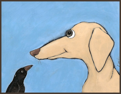 Painting by Lizzie of a dog and a crow looking at each other.