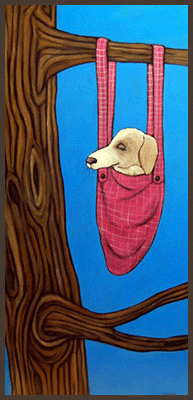 Painting by Lizzie of a dog hanging in a basket from a tree branch.