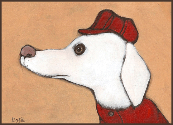 Painting by Lizzie of a dog wearubg a red hat and red coat.