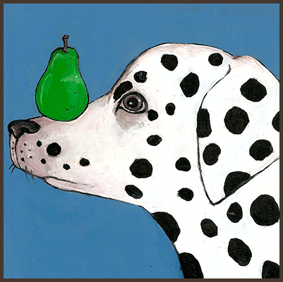 Painting by Lizzie of a spotted dog with a pear on his nose.