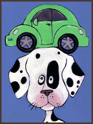Painting by Lizzie of a spotted dog with a green car balancing on his head.