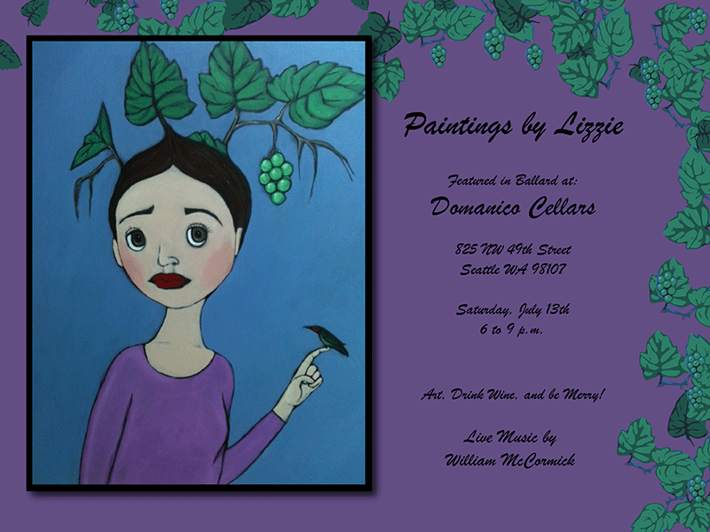Event flyer for Domanico Cellars in Ballard Art Walk. Painting of a girl and grape leaves.