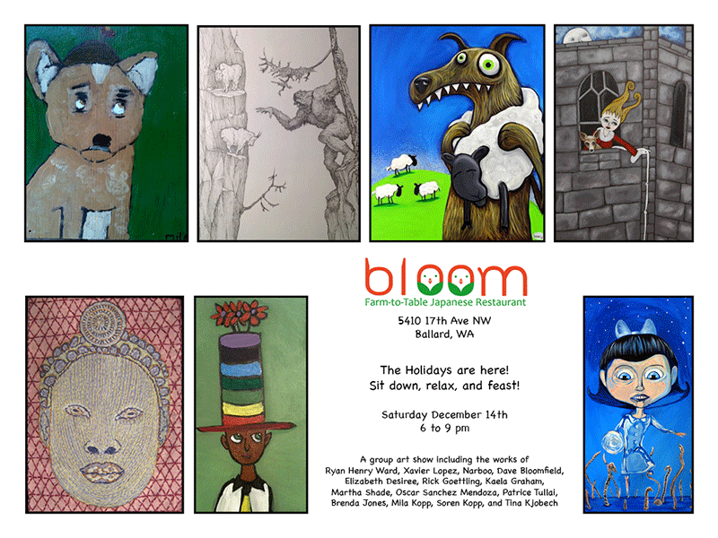 Event flyer for the Art Show at Blooms in Ballard featuring a variety of artist including Lizzie.