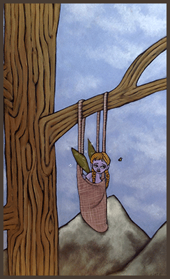 Painting by Lizzie of a fairy hanging from a tree branch in a basket