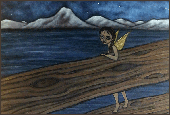 Painting by Lizzie sad fairy standing on a log near the sea.