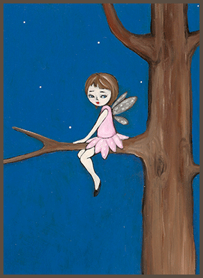 Painting by Lizzie of an elf sitting in a tree.