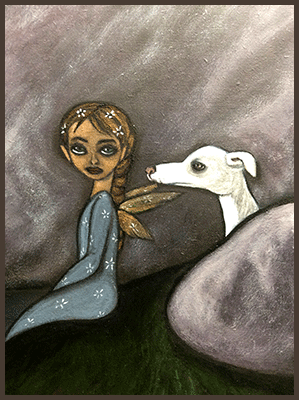 Painting by Lizzie of a close-up a fairy sitting on a cliff overlooking the see. Her white dog is sitting next to her.