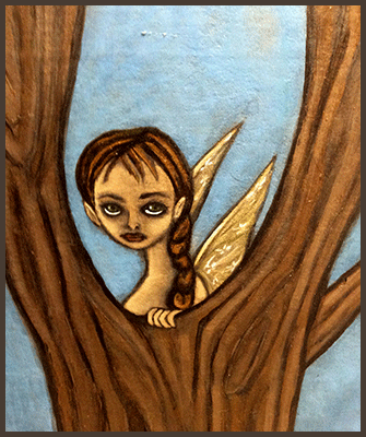 Painting by Lizzie of a closeup of the fairy in the tree.