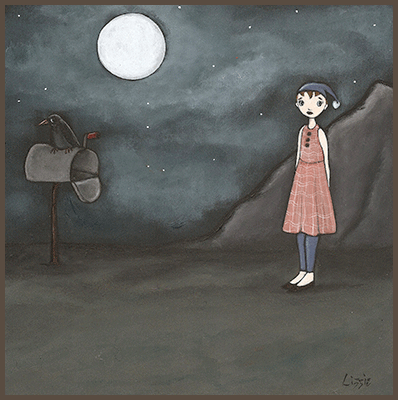 Painting by Lizzie of a girl outside waiting for her mail. A crow is sitting on the mail box.