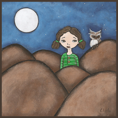 Painting by Lizzie of a girl outside in the hills. An owl is sitting next to the girl.