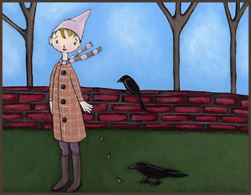 Painting by Lizzie of a girl with a silly hat. She is standing next to a brick wall feeding the crows.