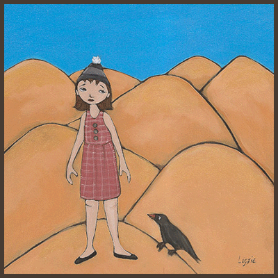 Painting by Lizzie of a girl outside in the hills with a crow next to her. 