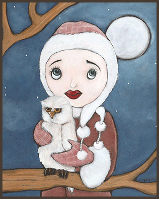 Painting by Lizzie of a girl in her winter coat and hat holding a white owl.