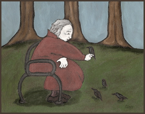 Painting by Lizzie of an old lady sitting on a park bench feeding the birds.