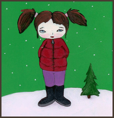 Painting by Lizzie of a girl wearing her red coat. She is outside and it's snowing.