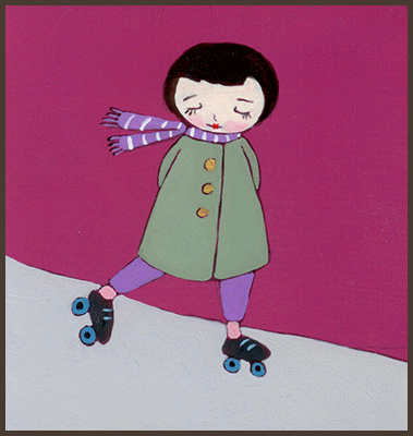Painting by Lizzie of a girl skating with her new roller skates.