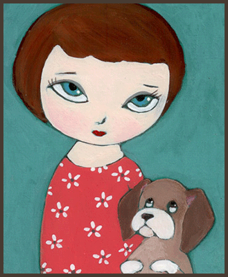 Painting by Lizzie of a girl small dog.