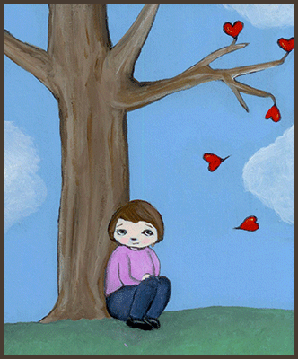 Painting by Lizzie of a girl sitting under a tree with heart shape leaves falling.