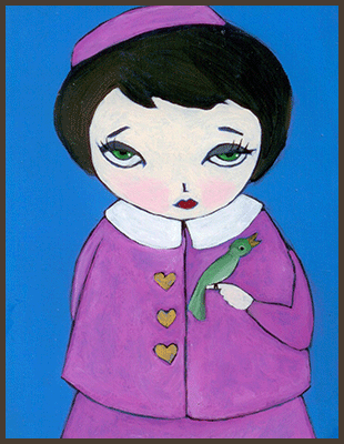 Painting by Lizzie of a girl with a small bird sitting on her finger.