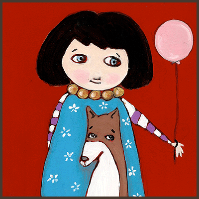 Painting by Lizzie of a girl with her dog. She is holding a pink balloon.